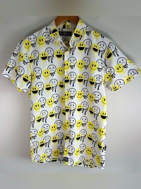 Vintage Phat Farm Men’s Button Up Shirt Size M Smiley/Upset Faces Emoji AOP Y2K
